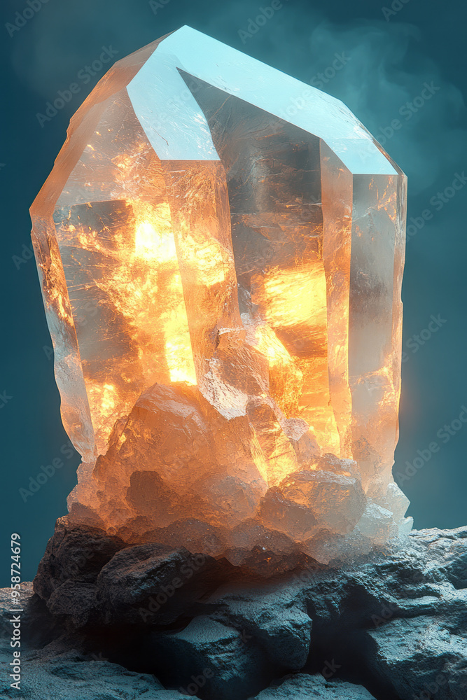 Aufkleber a floating, faceted gem-like structure with semi-transparent surfaces, softly lit with light passing
