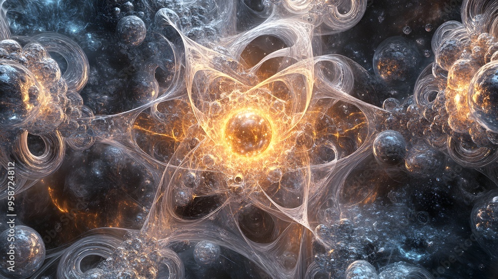 Aufkleber 90. elegant rendering of a central atom surrounded by intricate, luminous mineral patterns