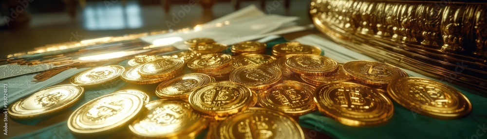 Poster a close-up view of shining gold coins arranged artistically, symbolizing wealth and prosperity in an