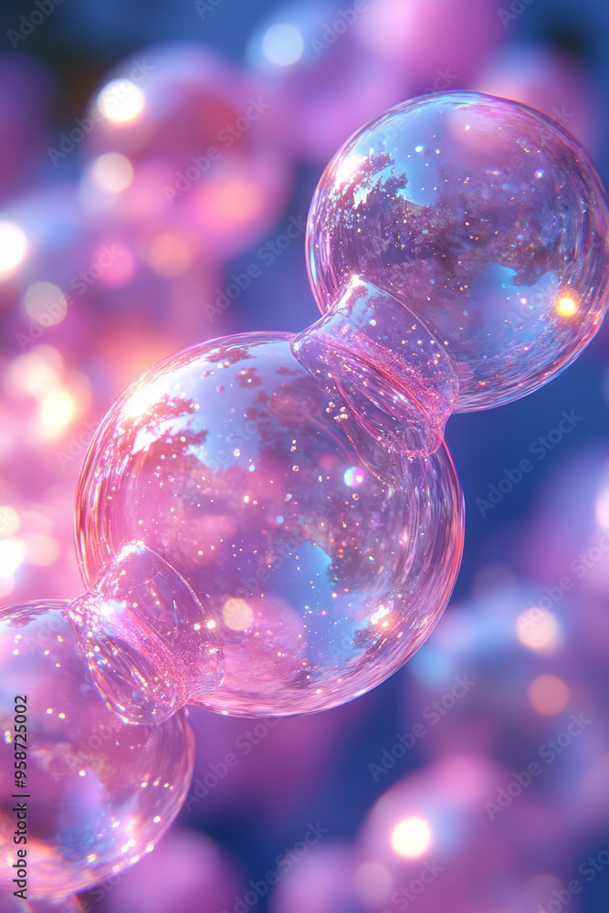 Poster a cluster of interconnected bubbles with semi-transparent surfaces, softly glowing and casting overl