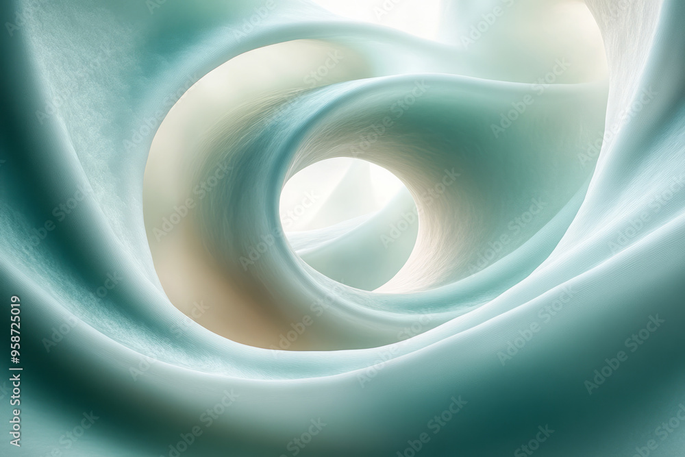 Poster an abstract 3d helix with soft, matte surfaces, softly illuminated and casting soft shadows on a pas