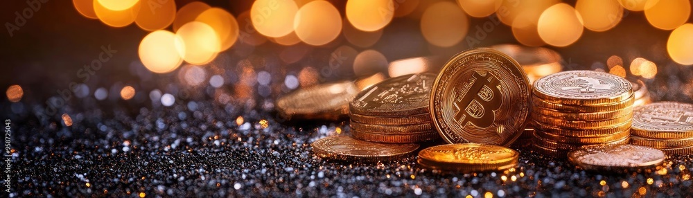 Poster stunning close-up of golden coins on a glittering surface, with bokeh lights creating a magical atmo