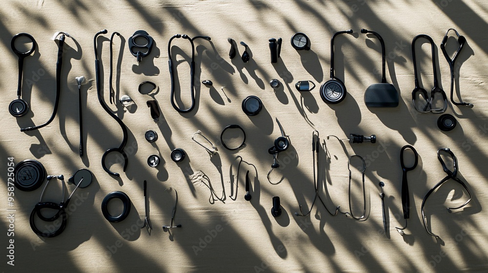 Poster photogram showing the shadowy outlines of various diagnostic tools like a stethoscope and thermomete