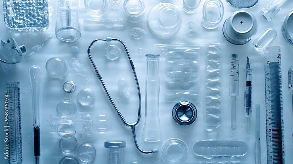 Poster photogram showing the shadowy outlines of various diagnostic tools like a stethoscope and thermomete