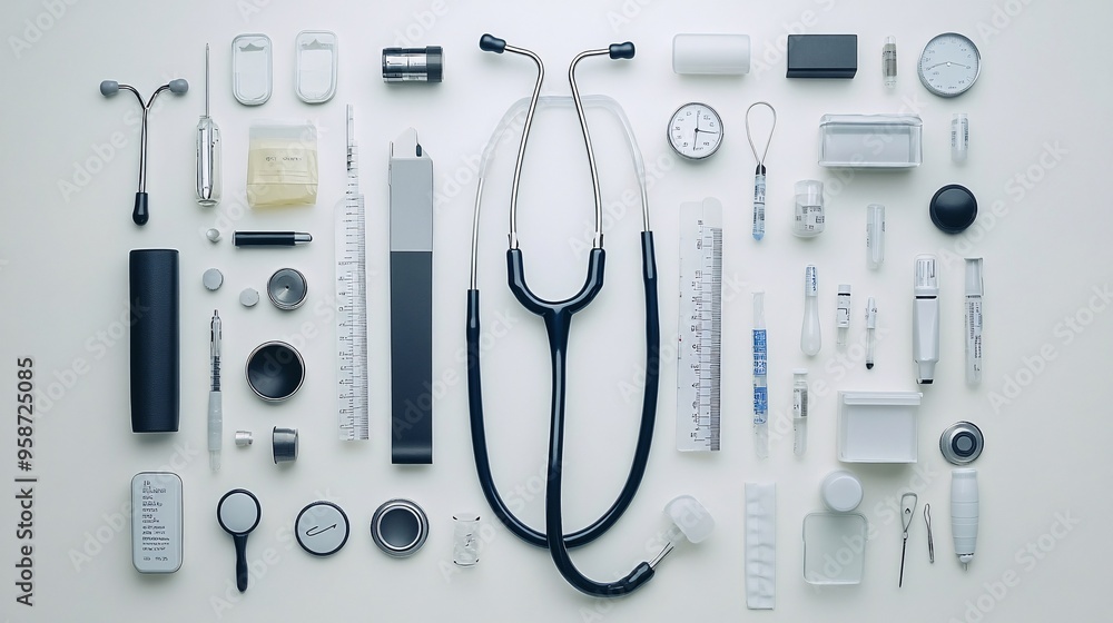 Poster photogram showing the shadowy outlines of various diagnostic tools like a stethoscope and thermomete