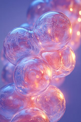 A cluster of interconnected bubbles with semi-transparent surfaces, softly glowing and casting overlapping shadows, set against a pastel lavender background,