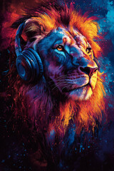 A majestic lion with a vibrant mane, listening intently to music with headphones on.