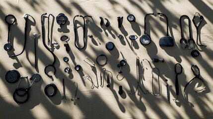 Photogram showing the shadowy outlines of various diagnostic tools like a stethoscope and thermometer laid out on a light-sensitive surface Stock Photo with copy space