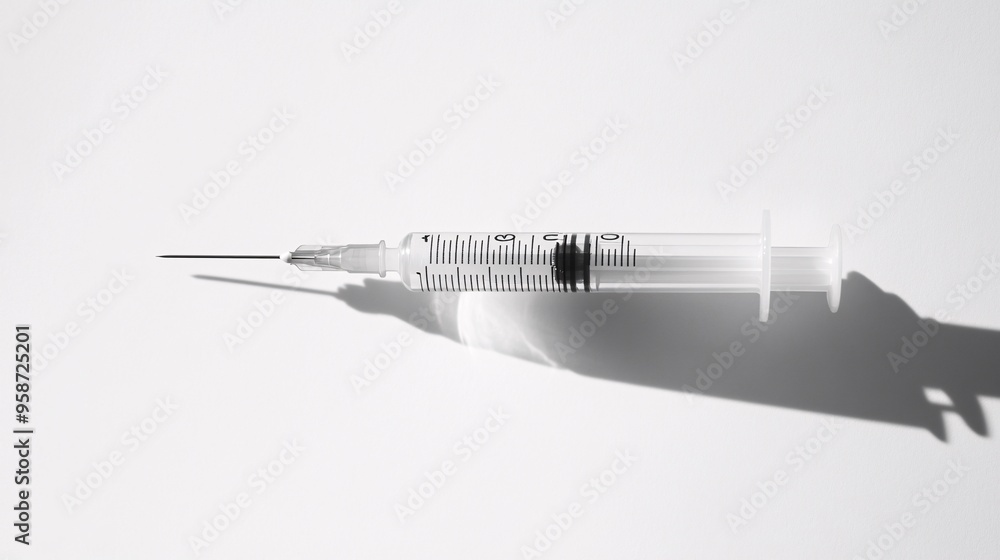 Poster Photogram of a medical syringe with its needle casting a long sharp shadow on a light background creating a strong visual impact Stock Photo with copy space