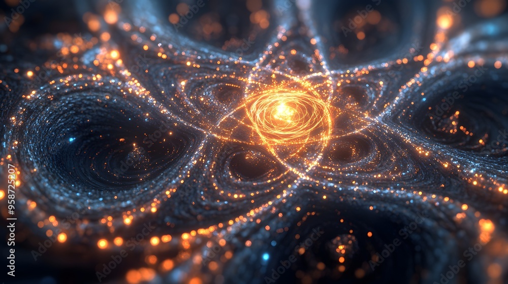 Poster 90. elegant rendering of a central atom surrounded by intricate, luminous mineral patterns