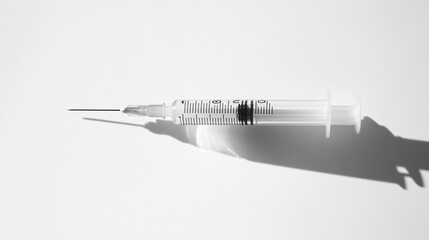 Photogram of a medical syringe with its needle casting a long sharp shadow on a light background creating a strong visual impact Stock Photo with copy space