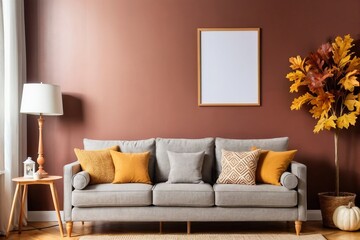 Domestic living room with a sofa, lamp, and mock-up frame. Autumn Living Room Decor.