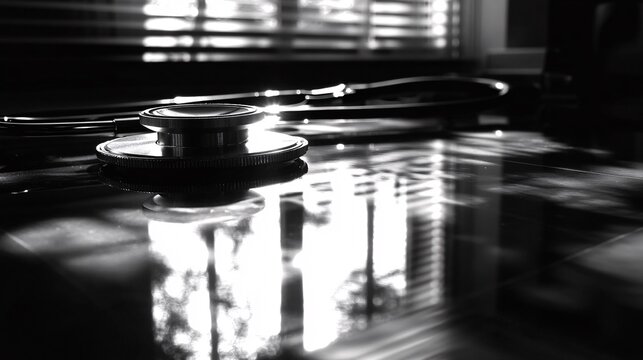 Silhouette of a stethoscope and reflex hammer arranged to create a balanced and detailed photogram Stock Photo with copy space