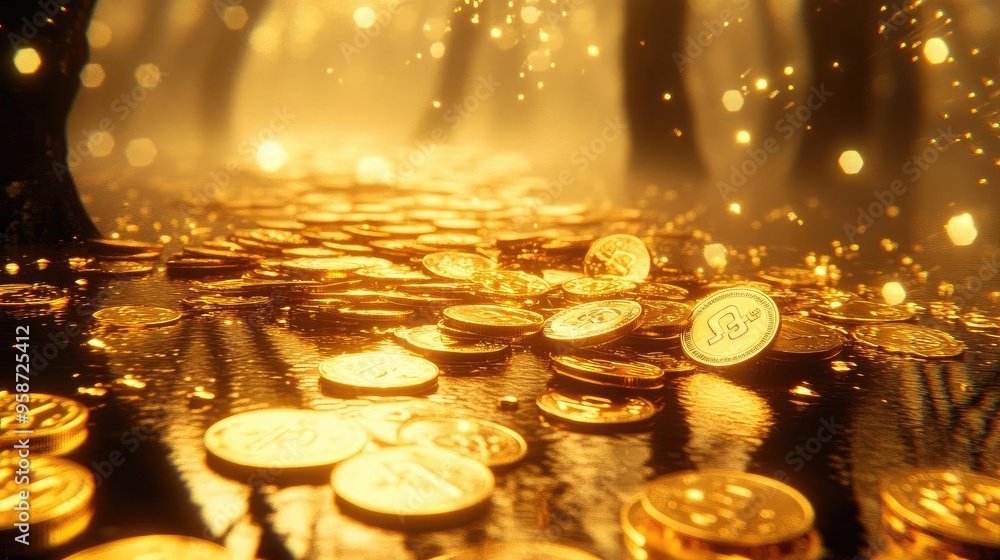 Poster a shimmering golden coin pathway in a mystical forest, surrounded by enchanting lights and a dreamli