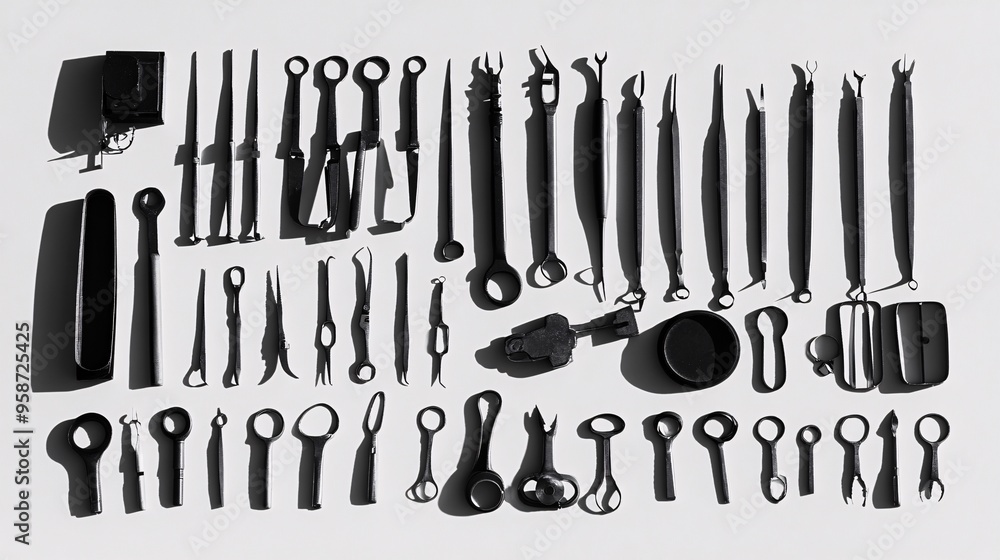 Poster Photogram of a set of surgical tools arranged in a fan shape casting precise shadows on a light-sensitive surface Stock Photo with copy space