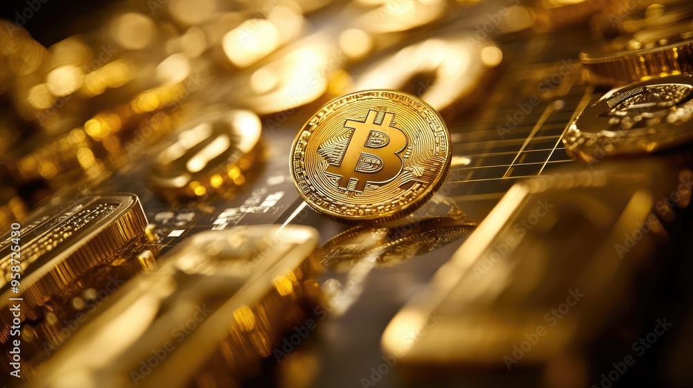 Aufkleber a close-up view of a bitcoin coin surrounded by gold bars, representing digital currency and investm