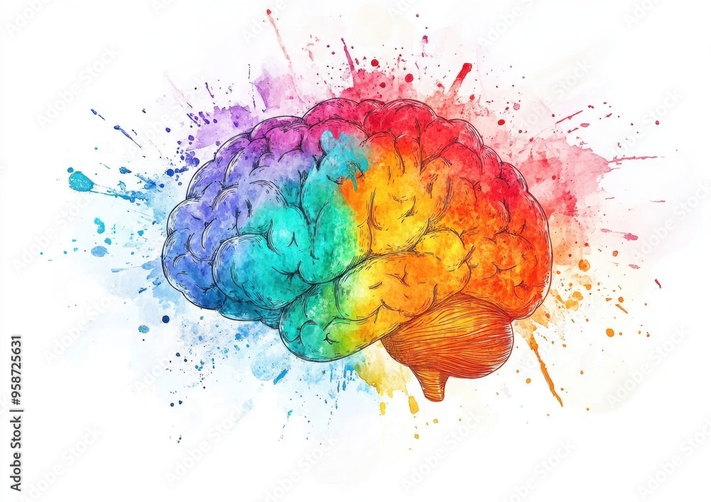 Poster a colorful splash of watercolor, representing creative thinking flowing out from the brain and symbo