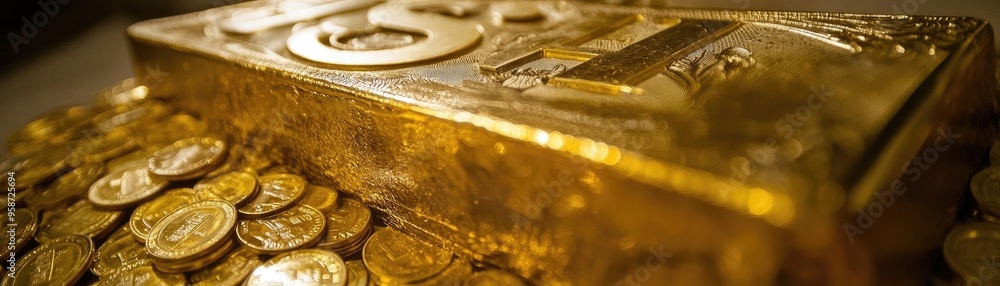 Poster a close-up view of a gold bar surrounded by scattered coins, symbolizing wealth and prosperity in fi