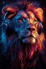 A majestic lion with a fiery mane listens to music through headphones, illuminated by a colorful glow.