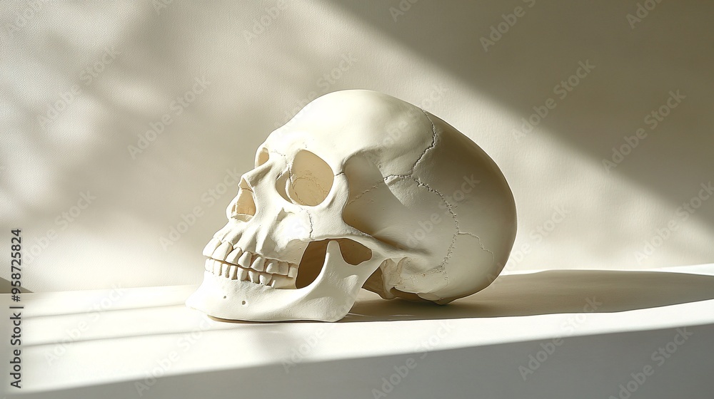 Poster Anatomical Photogram showing the shadow of a human skull model placed on a light-sensitive surface creating a detailed and haunting visual Stock Photo with copy space