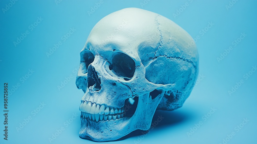 Poster Anatomical Photogram showing the shadow of a human skull model placed on a light-sensitive surface creating a detailed and haunting visual Stock Photo with copy space