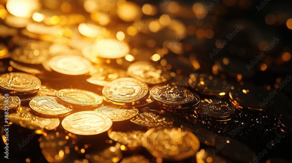 Poster close-up of shimmering gold coins reflecting light, symbolizing wealth and prosperity in an intrigui