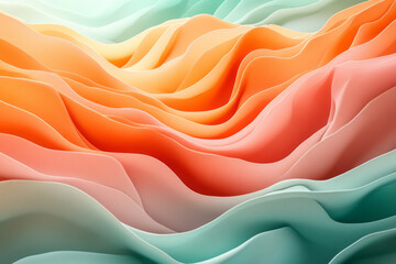 Obraz premium Concentric wave-like patterns made of smooth lines in pastel orange and pink, creating a soft ripple effect, set against a pastel green background,