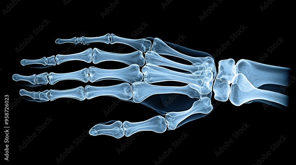 Fototapete detailed photogram of a hand skeleton model arranged to showcase the bone structure in a clear shado