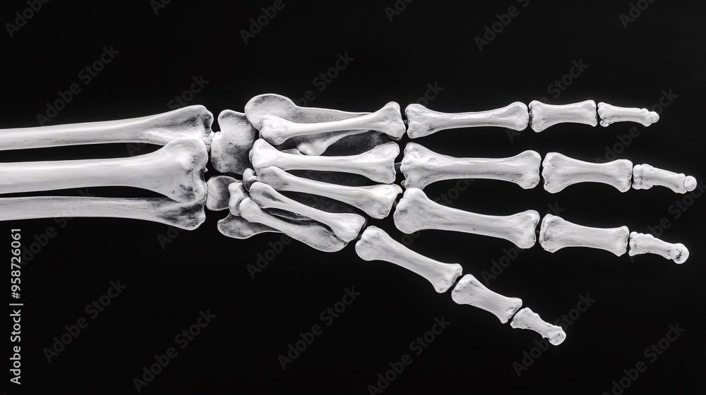 Poster Detailed photogram of a hand skeleton model arranged to showcase the bone structure in a clear shadowy outline Stock Photo with copy space