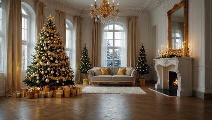 Classic christmas New Year decorated interior room New year tree. Christmas tree with gold decorations. Modern white classical style interior design apartment, large window. Christmas eve at home