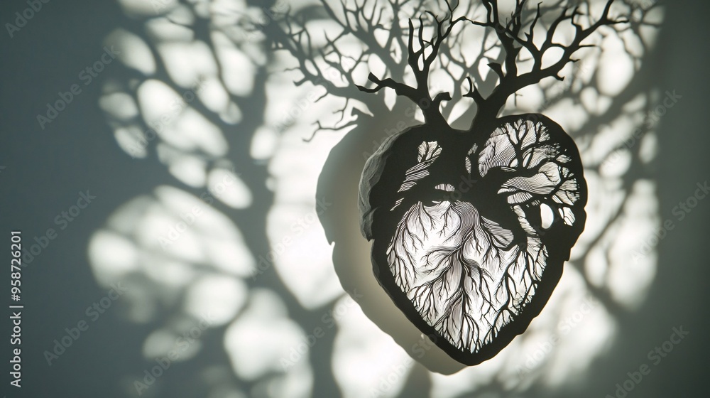 Poster photogram showing the outline of a human heart model casting a detailed shadow on a light-sensitive 