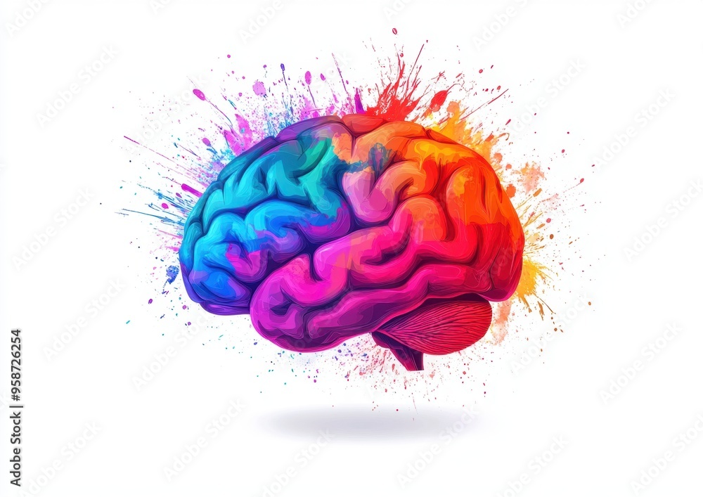 Poster an artistic representation of the human brain with colorful splashes, symbolizing creativity and emo