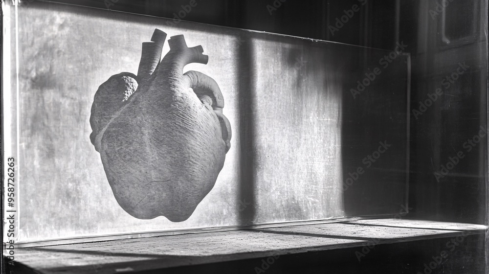 Poster photogram showing the outline of a human heart model casting a detailed shadow on a light-sensitive 