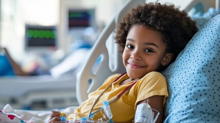 Young patient with curly hair smiles bravely in hospital bed, wearing yellow shirt and connected to medical equipment, embodying resilience and hope.