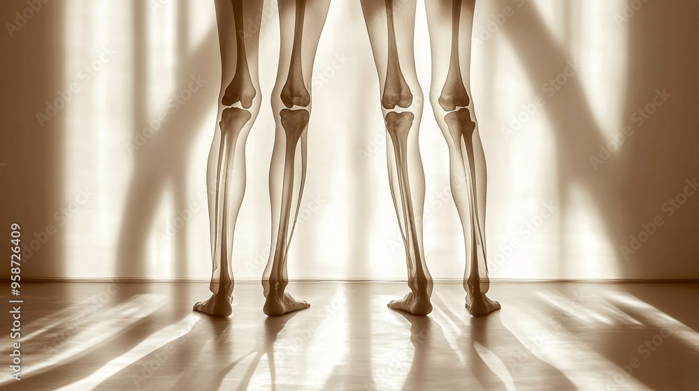 Poster Silhouette of a pelvis model on a light-sensitive surface creating a photogram with clear sharp shadows highlighting the bone structure Stock Photo with copy space