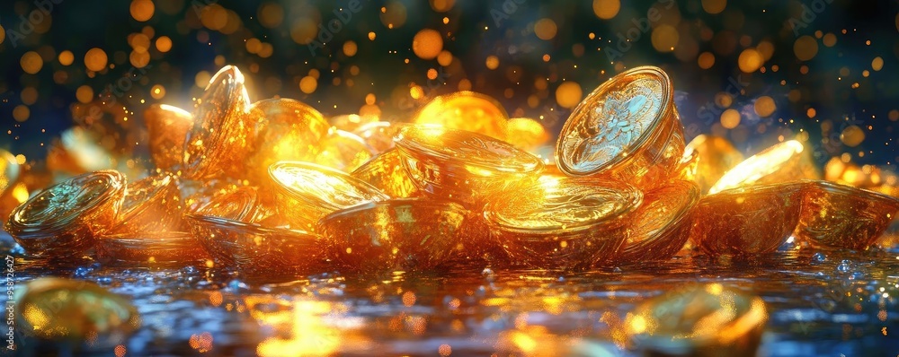 Poster a vibrant pile of shimmering gold coins glistening in light, creating a sense of wealth and treasure
