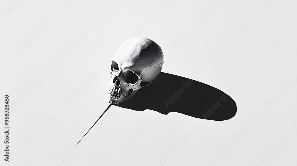 Poster Photogram of a human skull model placed upright creating a strong shadow that emphasizes its shape and structure Stock Photo with copy space