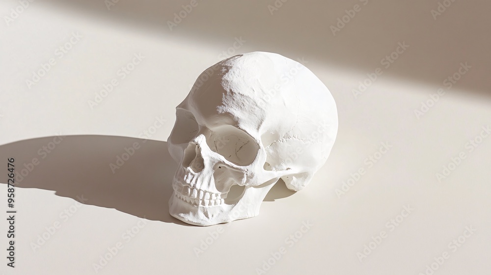Aufkleber Photogram of a human skull model placed upright creating a strong shadow that emphasizes its shape and structure Stock Photo with copy space
