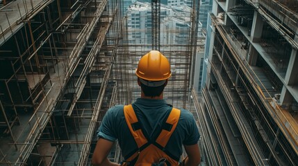 Fototapeta premium Engineer technician watching team of workers on high steel platform,Engineer technician Looking Up and Analyzing an Unfinished Construction Project.