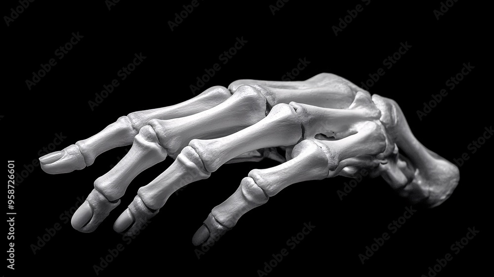 Poster Detailed photogram of a hand skeleton model positioned to capture the intricate bone structure in shadow Stock Photo with copy space