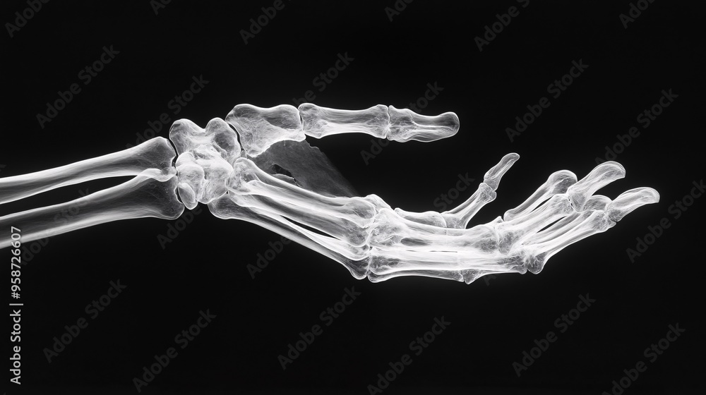 Poster Detailed photogram of a hand skeleton model positioned to capture the intricate bone structure in shadow Stock Photo with copy space