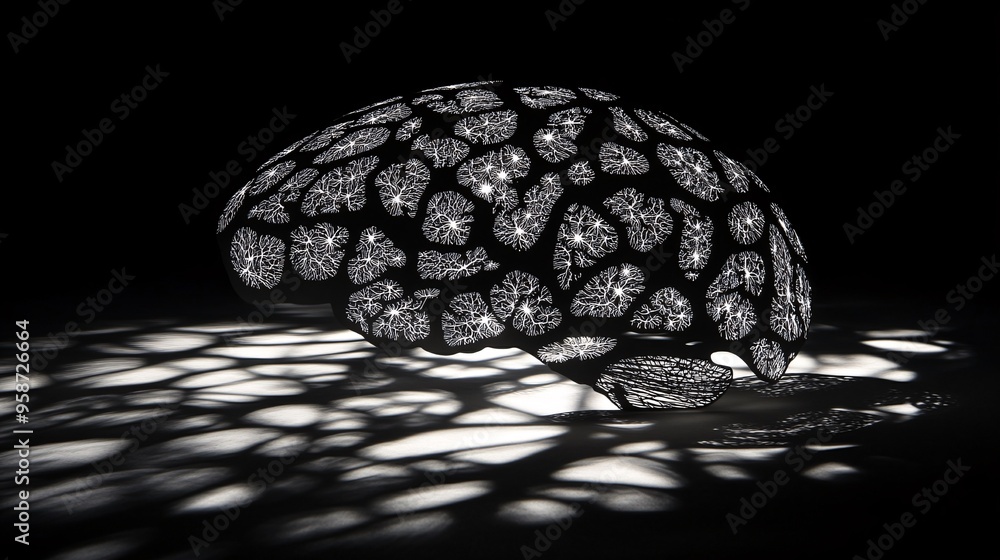 Aufkleber Silhouette of a human brain model laid on a light-sensitive surface creating a photogram with complex shadow patterns Stock Photo with copy space
