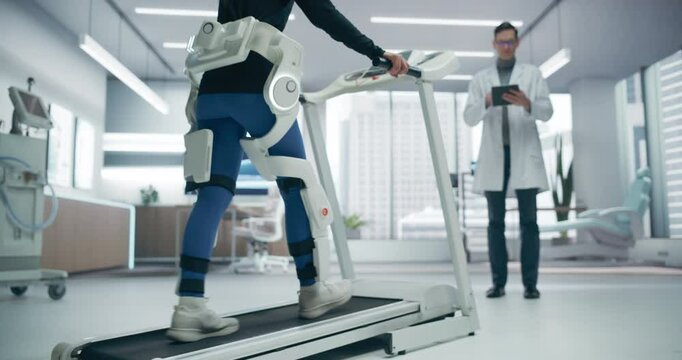 Advanced Physical Rehabilitation Using an Exosuit on a Treadmill in a Futuristic Medical Lab, Monitored by a Doctor. Advanced Technology Enhances Recovery Through Innovative Research, Precise Analysis