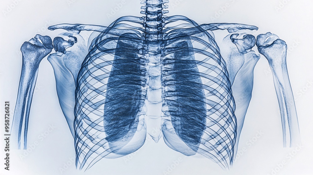 Poster photogram of a ribcage model with its shadows creating a detailed visual representation of the human