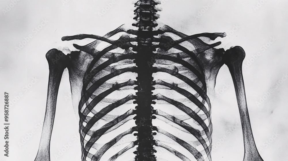 Poster photogram of a ribcage model with its shadows creating a detailed visual representation of the human