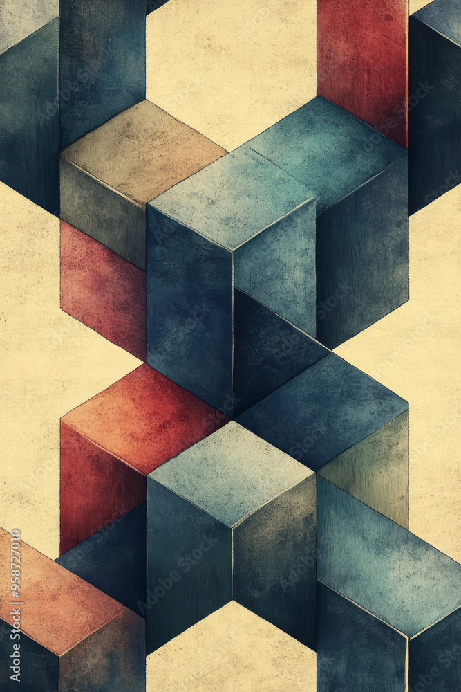 Poster a seamless isometric pattern of interlocking hexagons in pastel blue and green tones, creating a 3d 