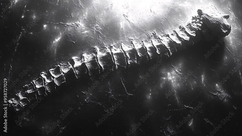 Poster silhouette of a spine and ribcage model arranged on a light-sensitive surface forming a detailed pho