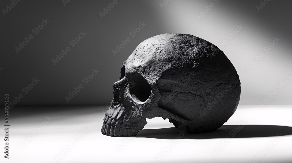 Poster photogram of a human skull model placed in profile view casting a shadow that highlights its detaile