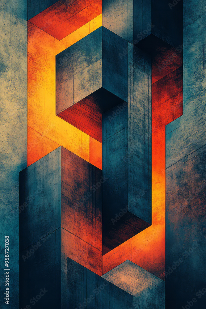 Poster a series of overlapping isometric triangles in pastel orange and blue, creating a continuous lattice