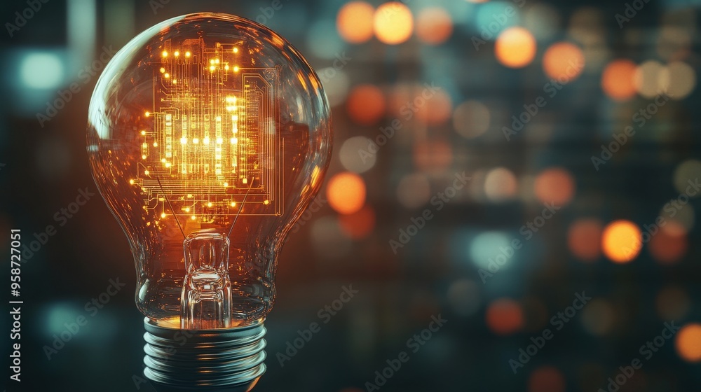 Poster a transparent lightbulb embodies a complex circuit inside, casting a warm glow against a softly blur